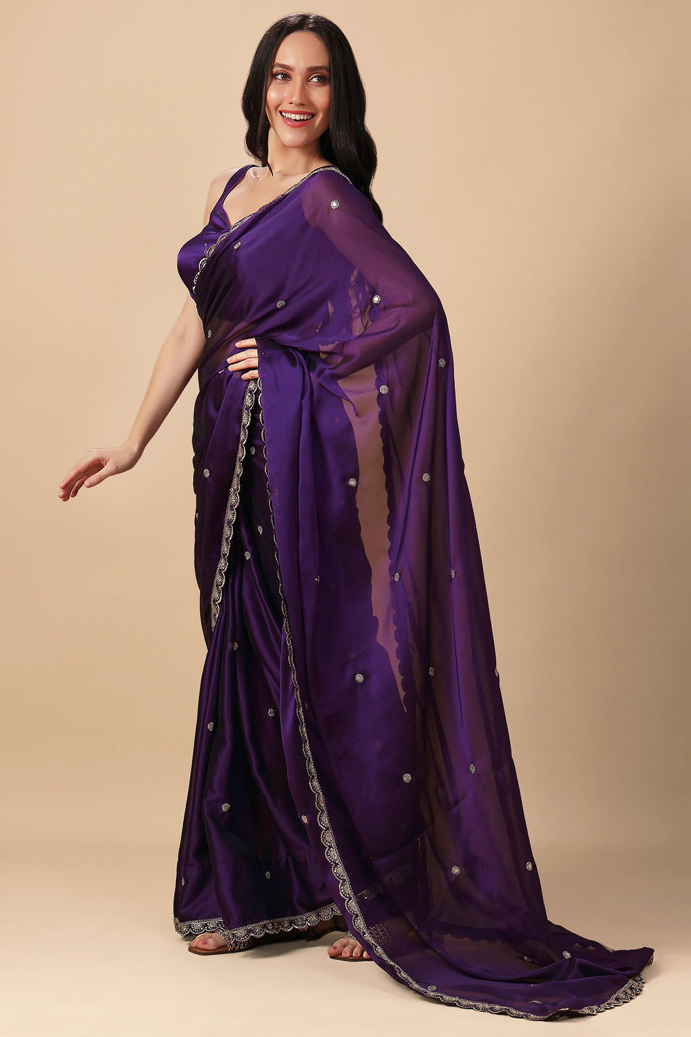Nina Purple Soft Crepe Zari Thread Embroidered Ready to Wear Saree