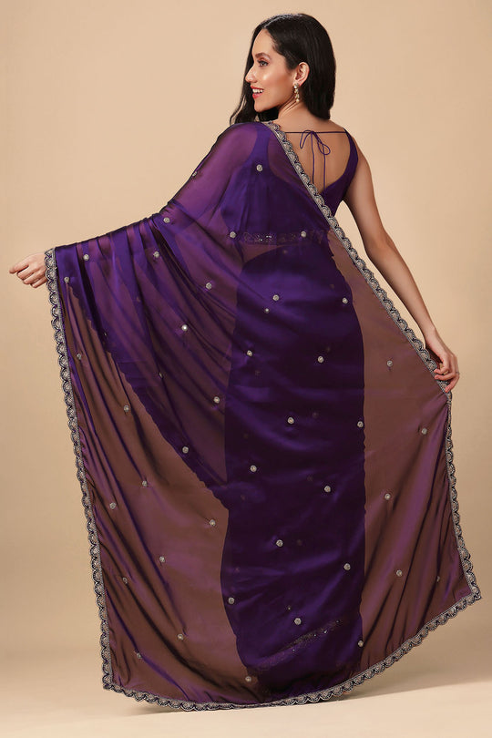 Nina Purple Soft Crepe Zari Thread Embroidered Ready to Wear Saree