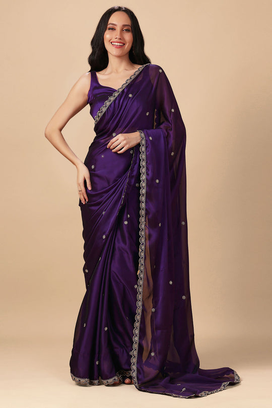 Nina Purple Soft Crepe Zari Thread Embroidered Ready to Wear Saree