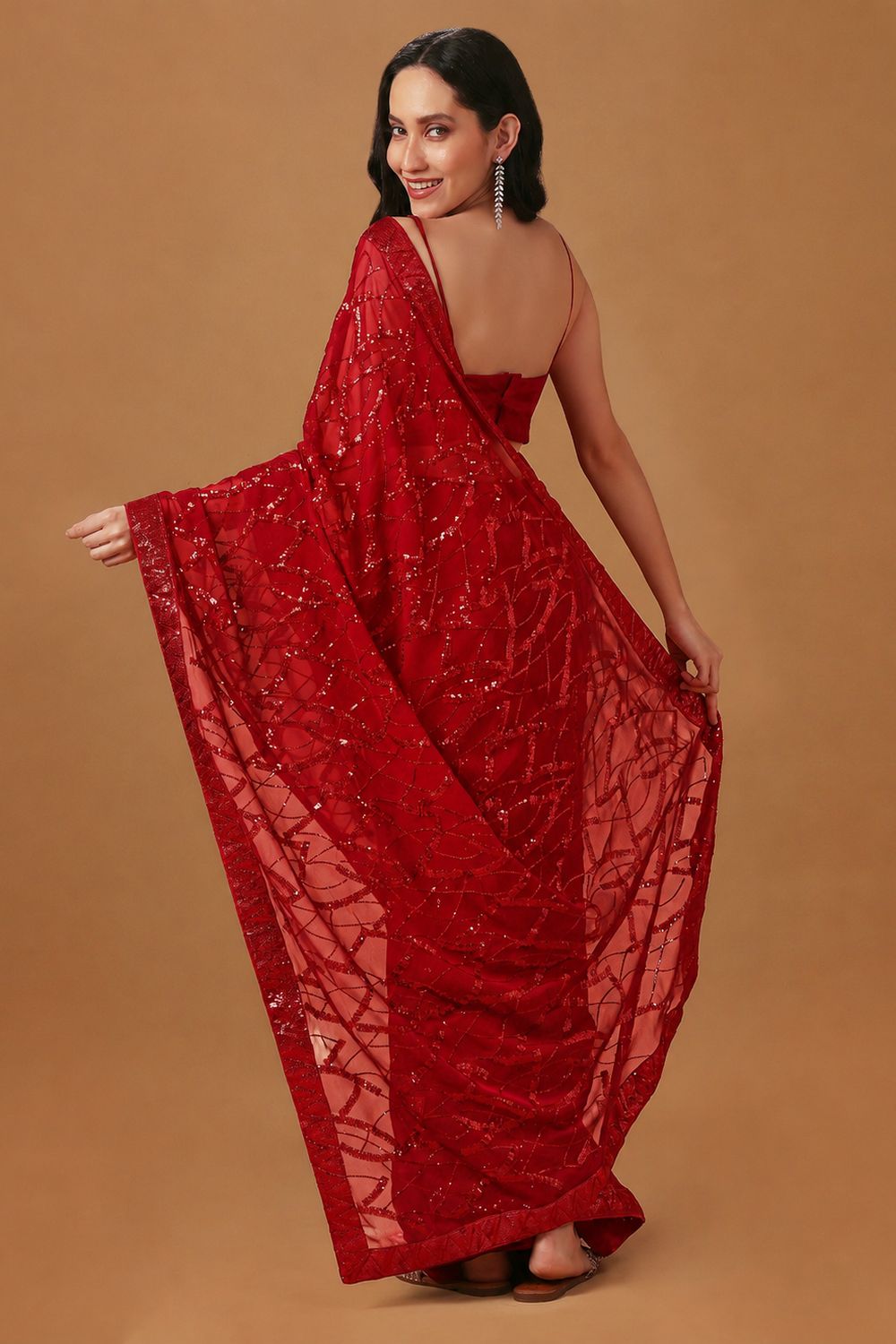 Sabina Red Georgette Thread &amp; Sequins Work Ready to Wear Saree