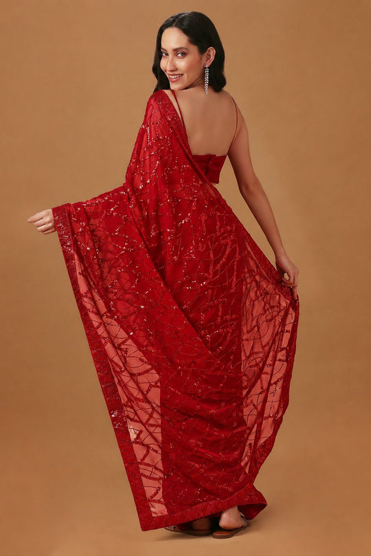 Sabina Red Georgette Thread &amp; Sequins Work Ready to Wear Saree