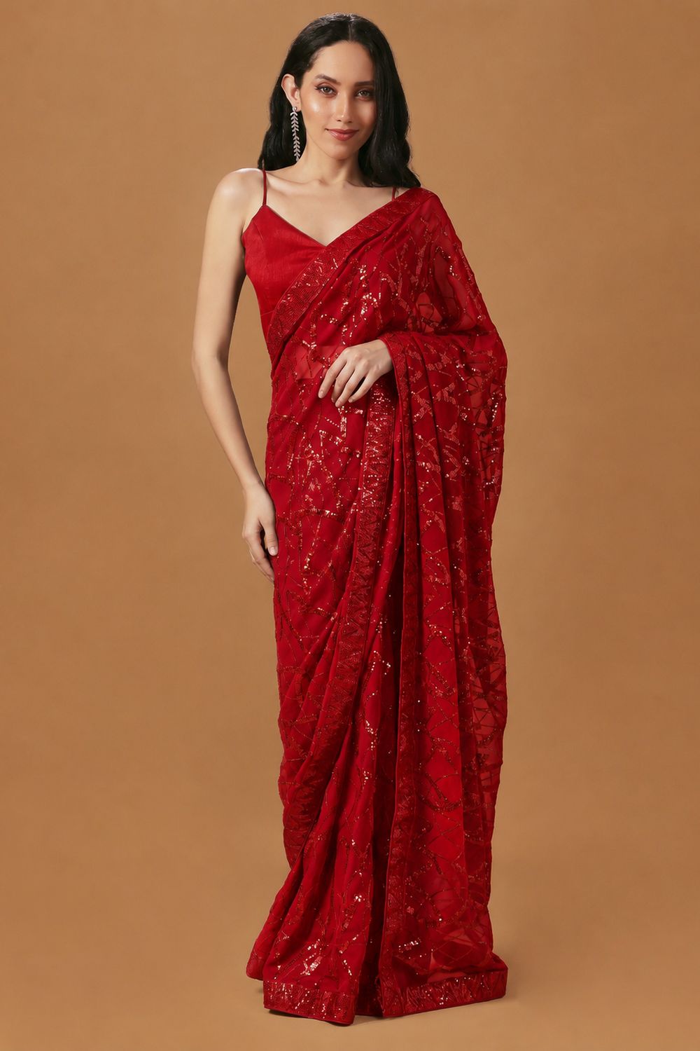 Sabina Red Georgette Thread &amp; Sequins Work Ready to Wear Saree