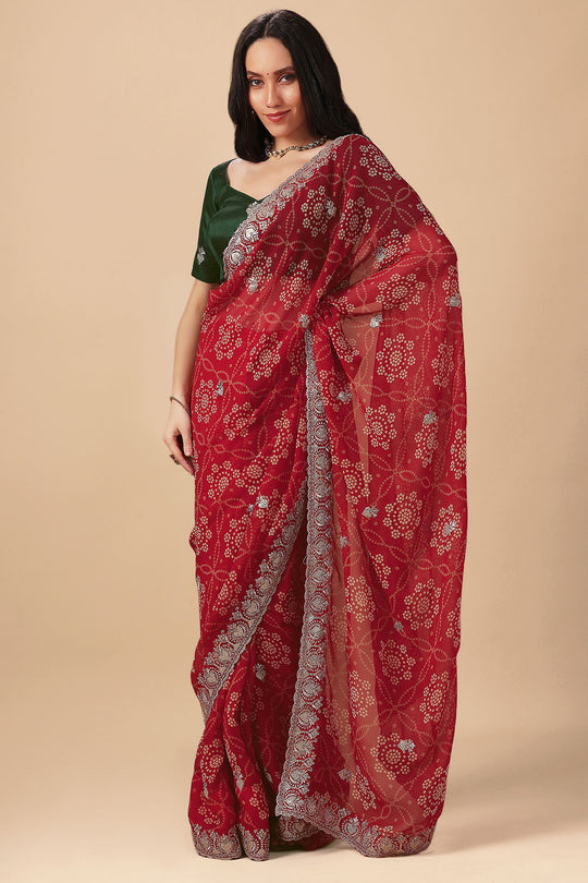 Lalo Red Georgette Bandhani Print Zari Work Festive Ready to Wear Saree