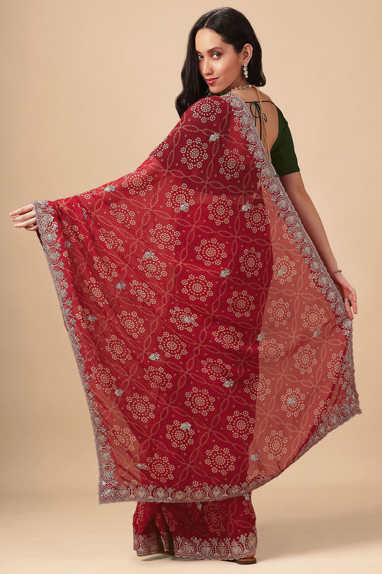 Lalo Red Georgette Bandhani Print Zari Work Festive Ready to Wear Saree