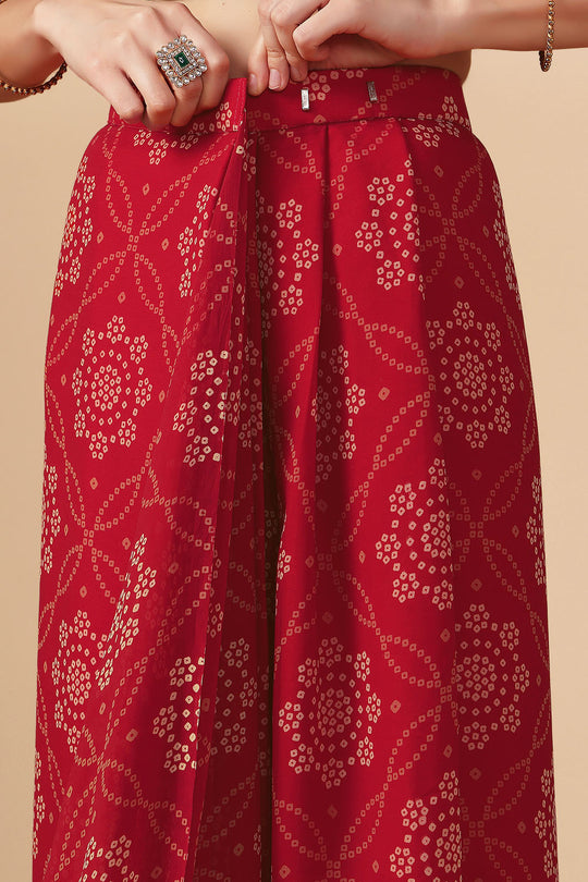 Lalo Red Georgette Bandhani Print Zari Work Festive Ready to Wear Saree