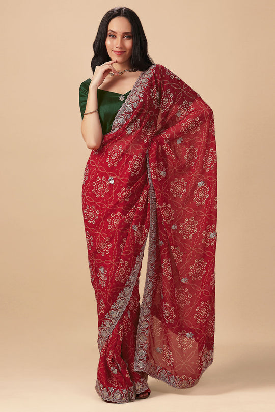 Lalo Red Georgette Bandhani Print Zari Work Festive Ready to Wear Saree