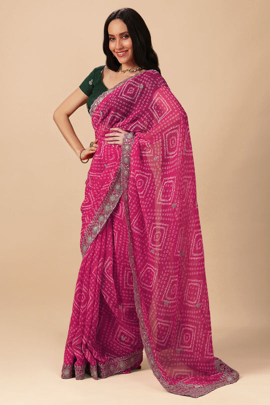 Pallavi Pink Georgette Bandhani Print Zari Work Festive Ready to Wear Saree