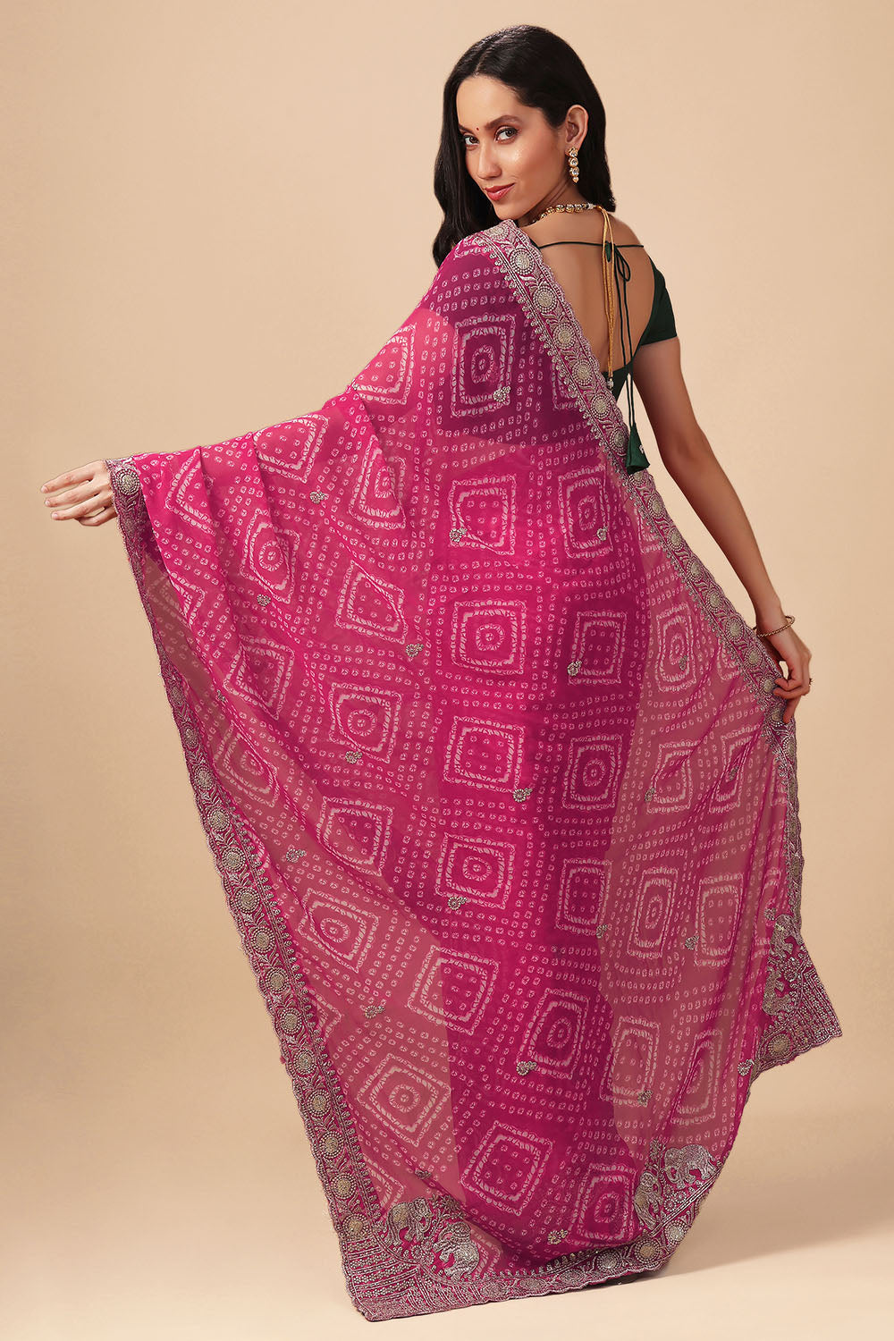 Pallavi Pink Georgette Bandhani Print Zari Work Festive Ready to Wear Saree