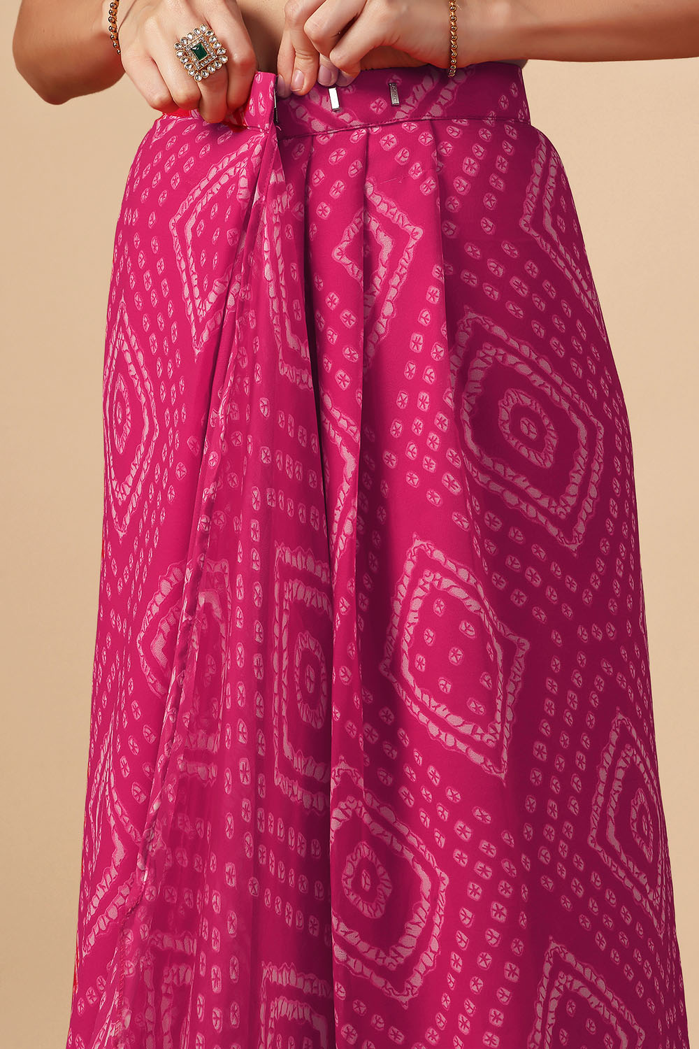Pallavi Pink Georgette Bandhani Print Zari Work Festive Ready to Wear Saree