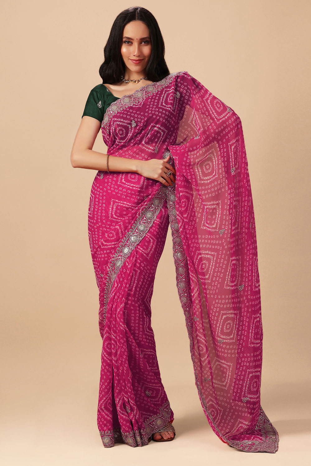 Pallavi Pink Georgette Bandhani Print Zari Work Festive Ready to Wear Saree