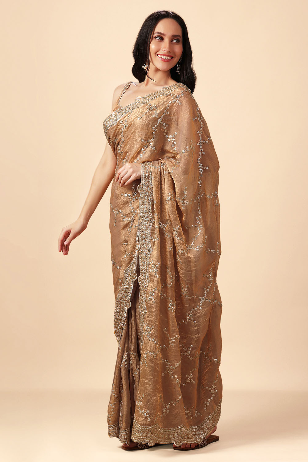Chloe Beige Paper Silk Gold Sequins Party Wear Ready to Wear Saree