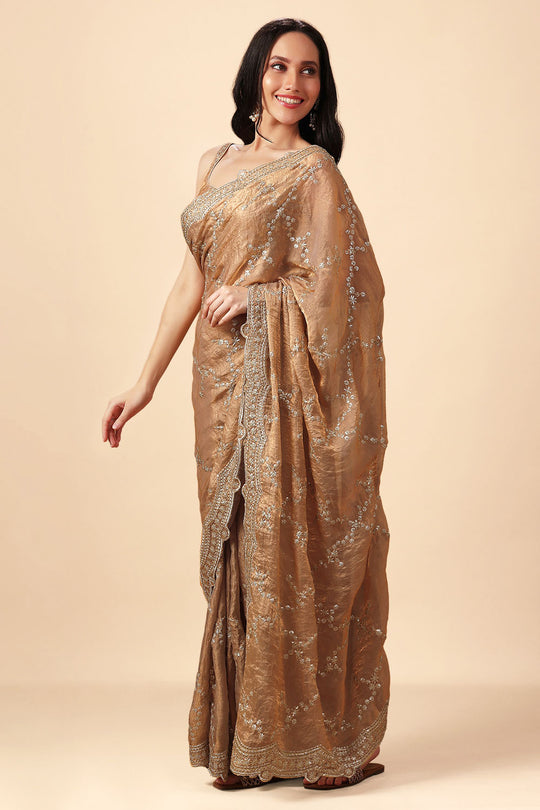 Chloe Beige Paper Silk Gold Sequins Party Wear Ready to Wear Saree