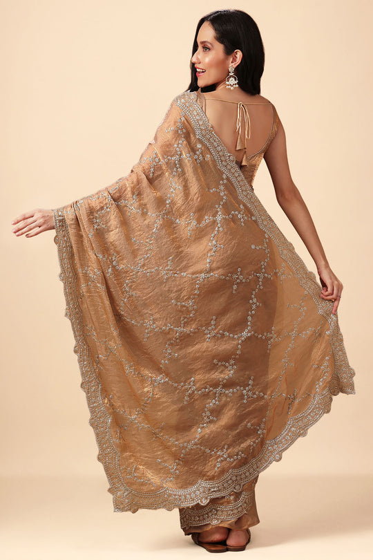 Chloe Beige Paper Silk Gold Sequins Party Wear Ready to Wear Saree