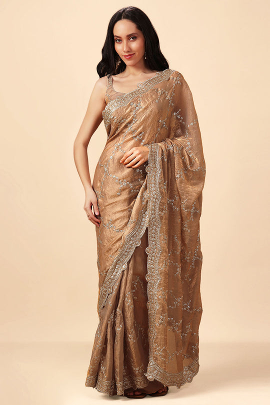 Chloe Beige Paper Silk Gold Sequins Party Wear Ready to Wear Saree
