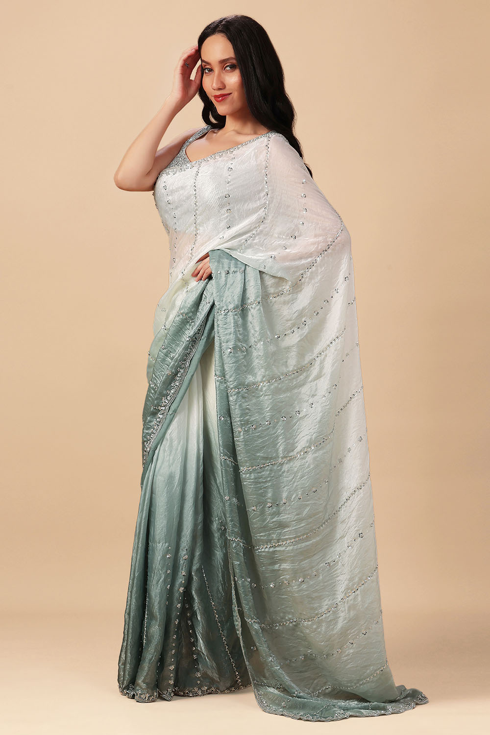 Jacqui White &amp; Grey Ombre Paper Silk Sequins Work Designer Ready to Wear Saree