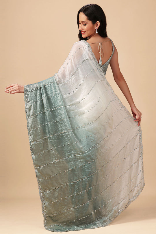 Jacqui White &amp; Grey Ombre Paper Silk Sequins Work Designer Ready to Wear Saree
