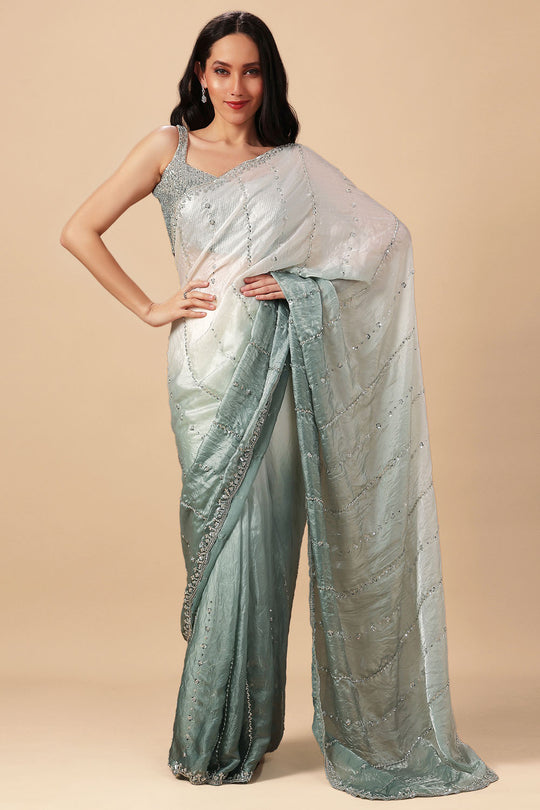 Jacqui White &amp; Grey Ombre Paper Silk Sequins Work Designer Ready to Wear Saree
