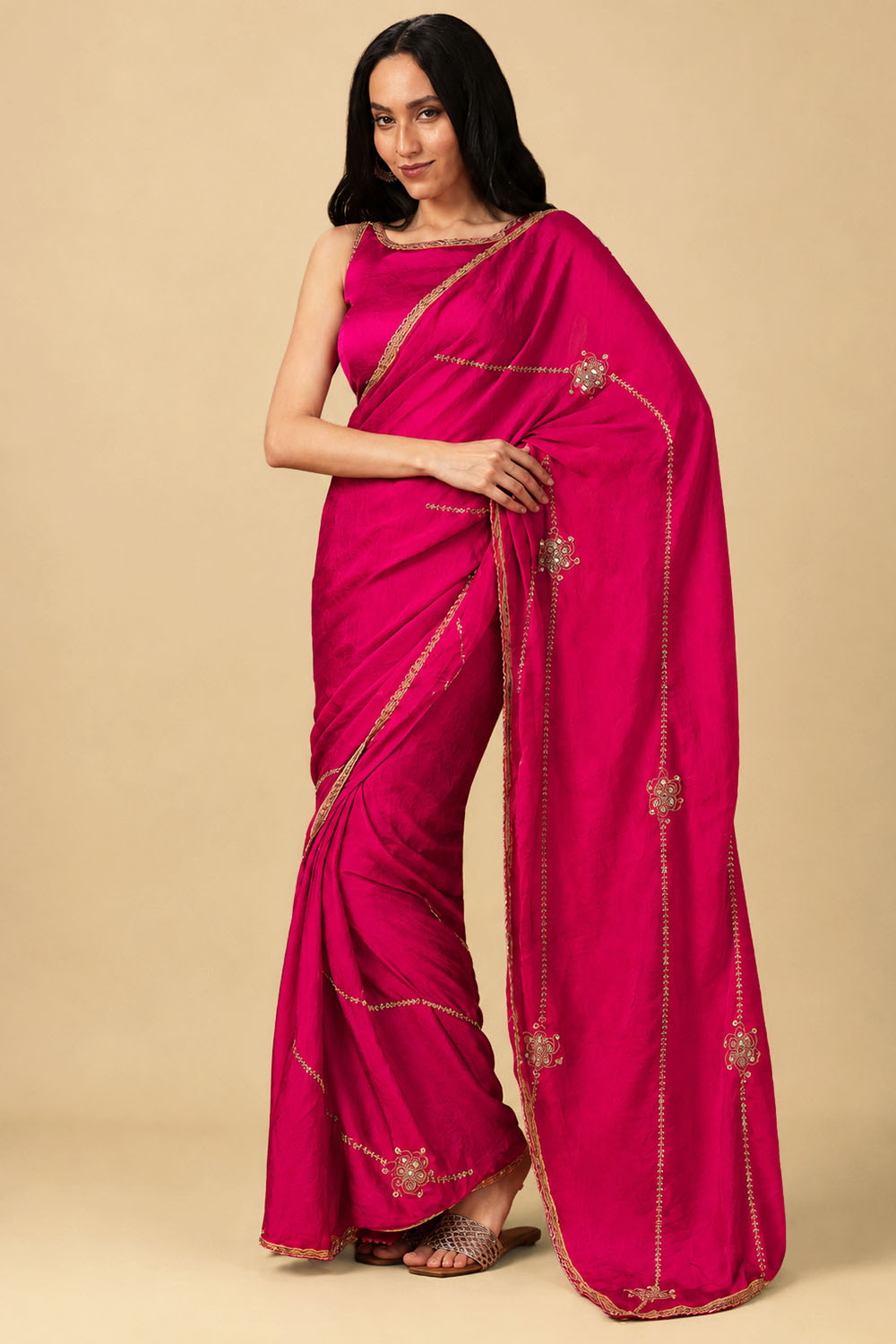 Siyara Pink Crepe Handwork Embellished Ready to Wear Saree
