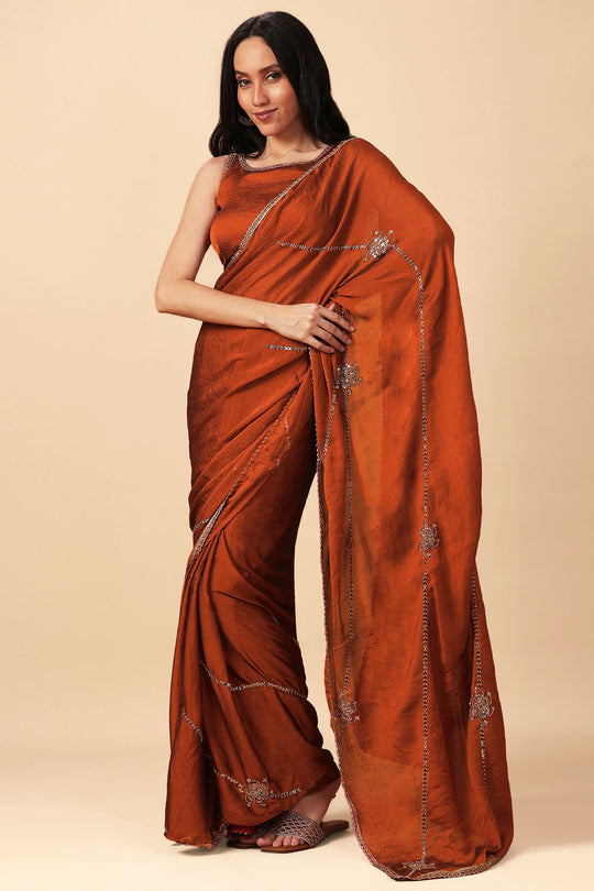 Siyara Rust Crepe Handwork Embellished Ready to Wear Saree