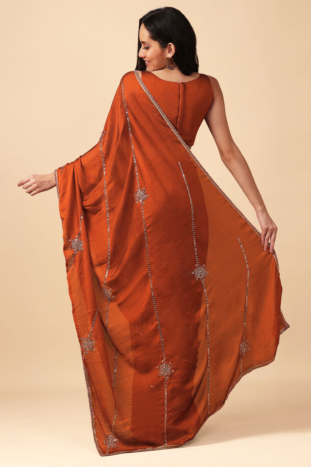 Siyara Rust Crepe Handwork Embellished Ready to Wear Saree