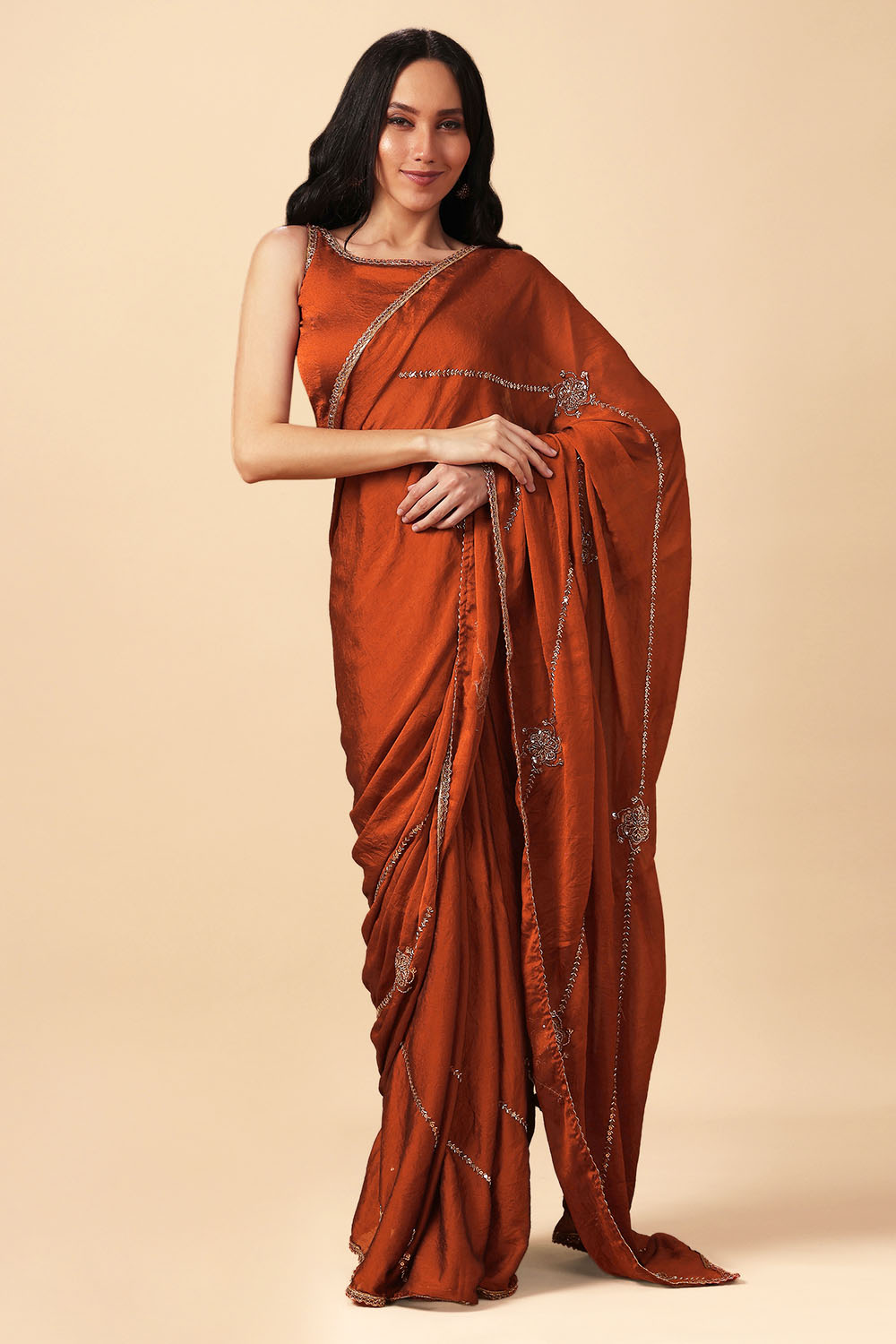 Siyara Rust Crepe Handwork Embellished Ready to Wear Saree