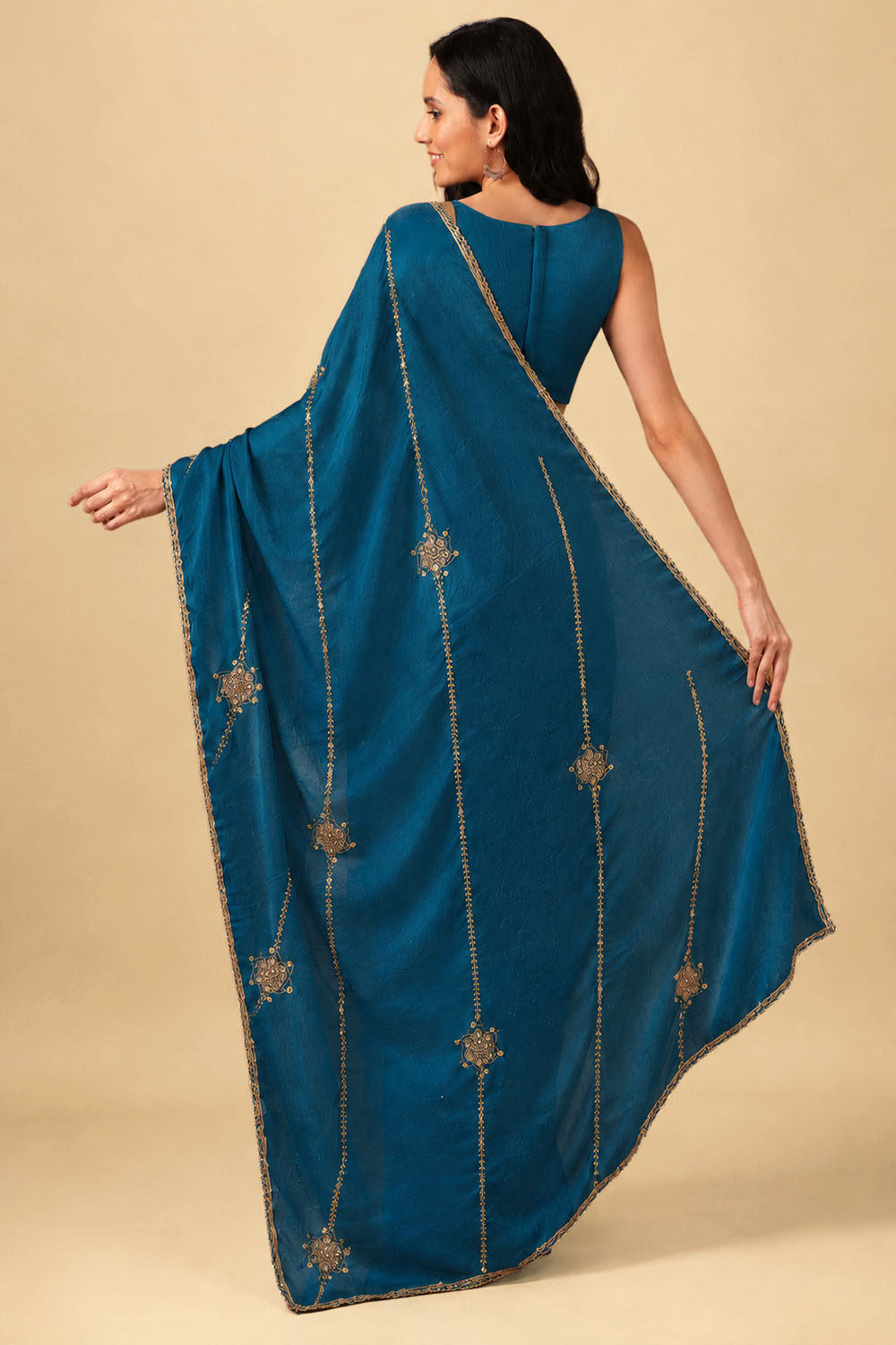 Siyara Teal Crepe Handwork Embellished Ready to Wear Saree