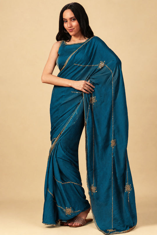 Siyara Teal Crepe Handwork Embellished Ready to Wear Saree