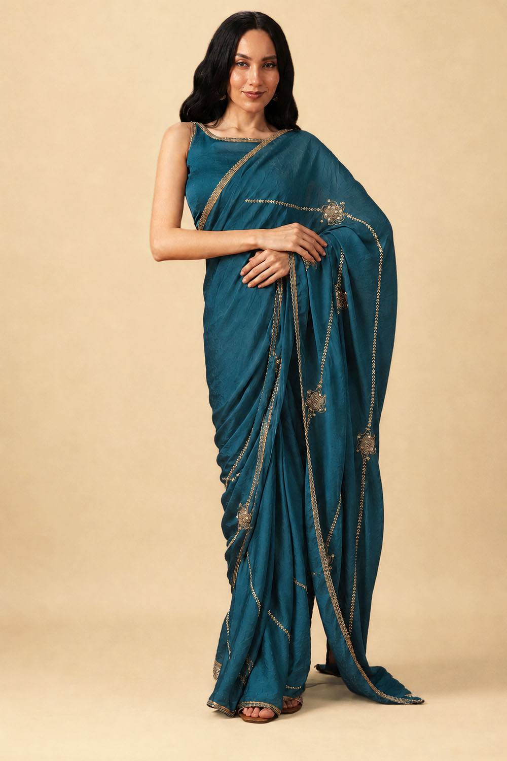 Siyara Teal Crepe Handwork Embellished Ready to Wear Saree