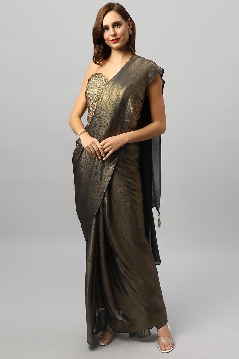 Meera Dark Grey & Gold Shimmer Georgette  One Minute Saree