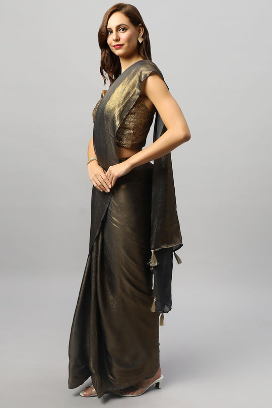 Meera Dark Grey & Gold Crepe Silk Embroidered Ready to Wear One Minute Saree