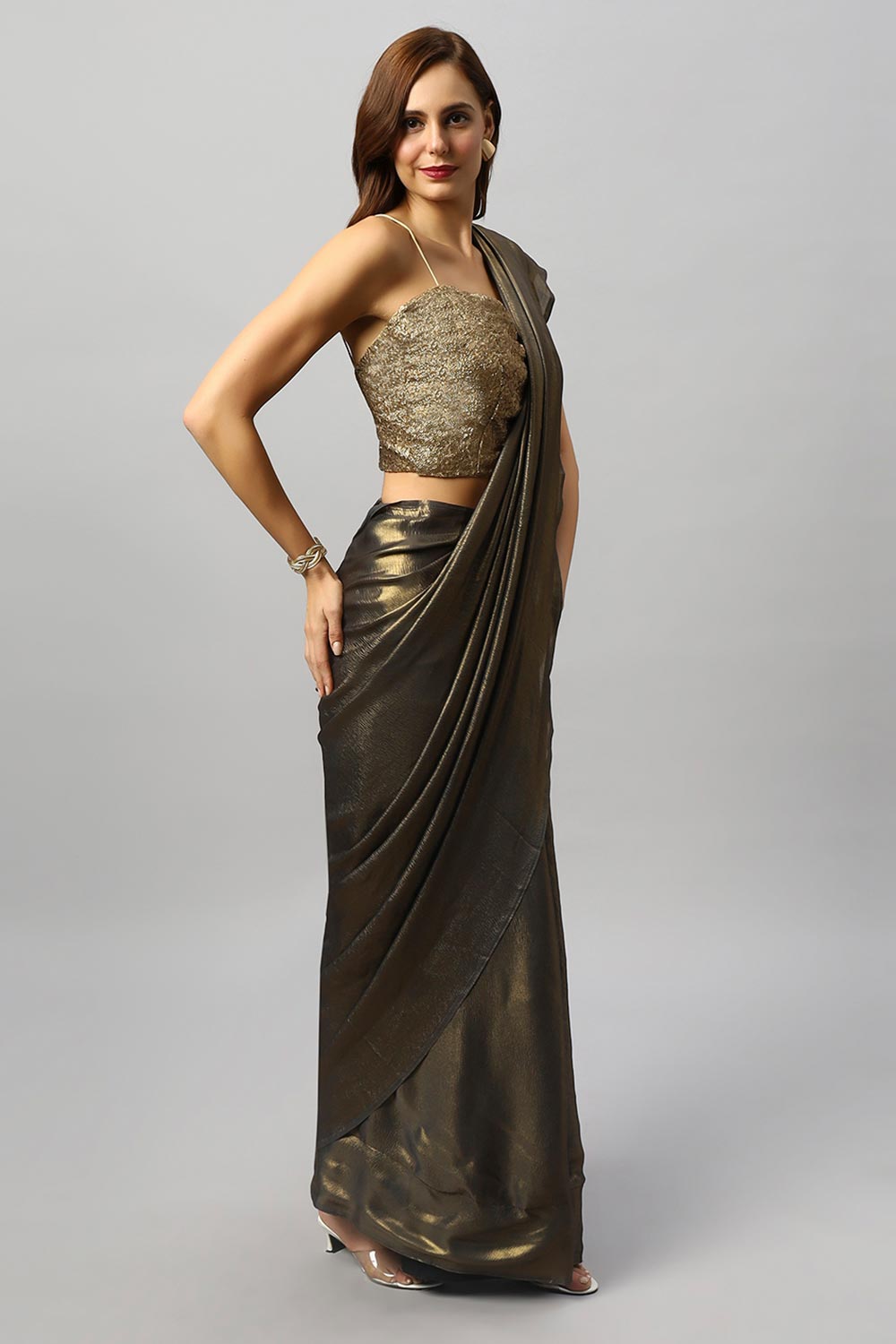 Meera Dark Grey & Gold Shimmer Georgette  One Minute Saree