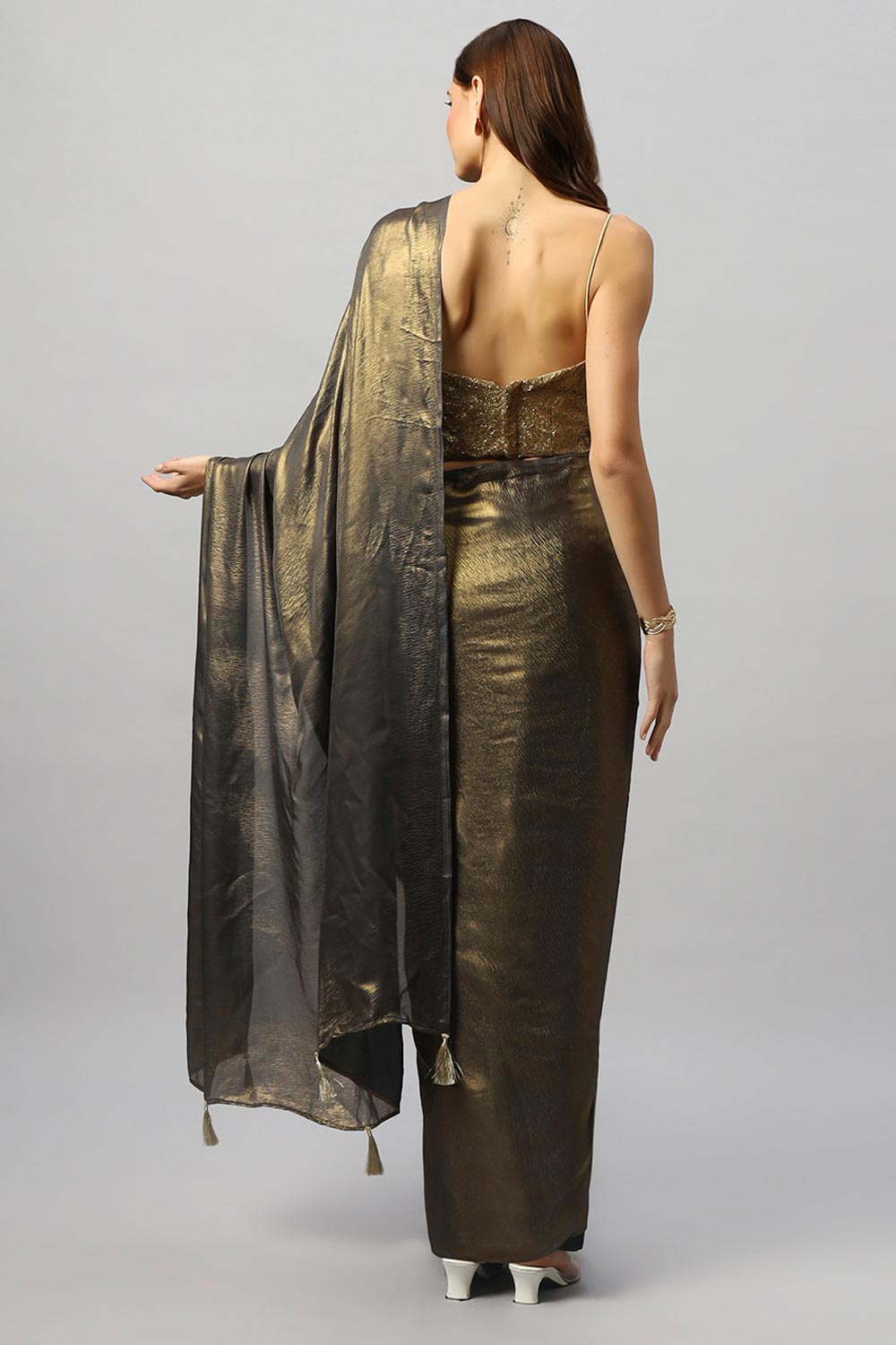 Meera Dark Grey & Gold Crepe Silk Embroidered Ready to Wear One Minute Saree