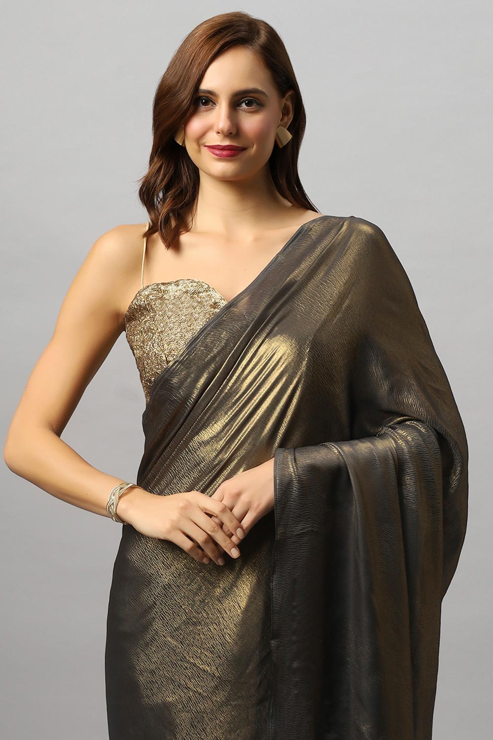 Meera Dark Grey & Gold Crepe Silk Embroidered Ready to Wear One Minute Saree