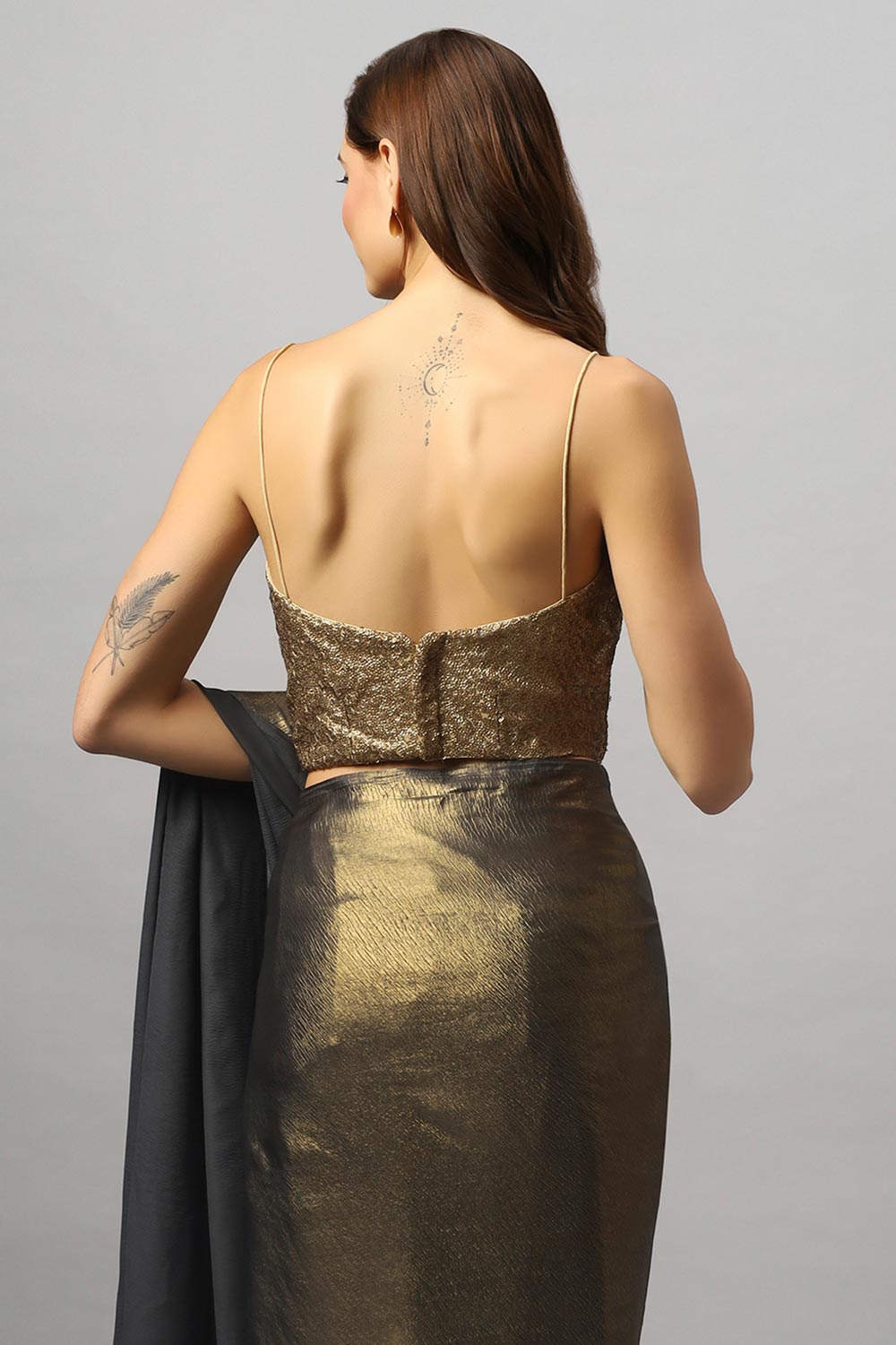 Meera Dark Grey & Gold Crepe Silk Embroidered Ready to Wear One Minute Saree