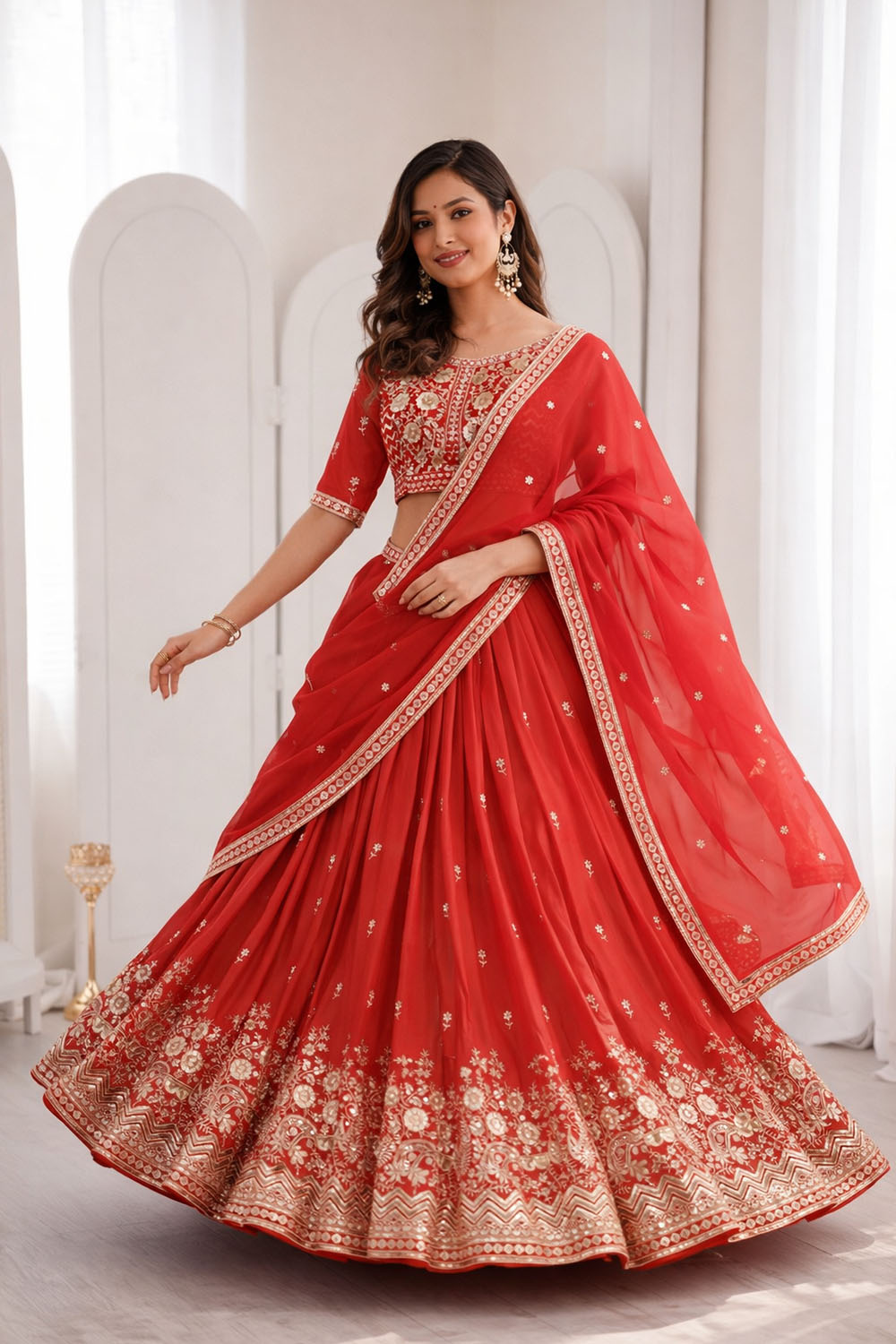 Olga Orange Thread &amp; Sequin Work Heavy Shimmer Silk Lehenga Saree