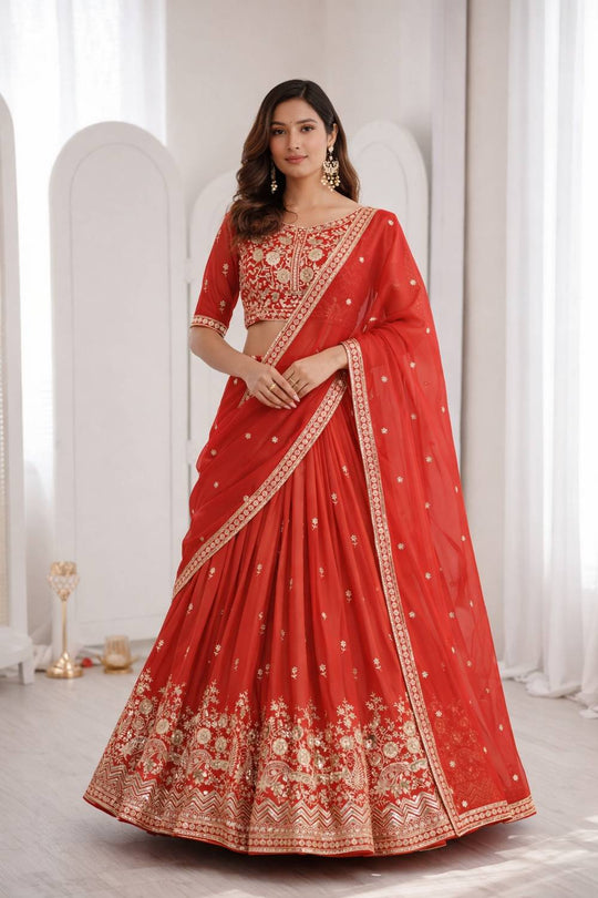 Olga Orange Thread &amp; Sequin Work Heavy Shimmer Silk Lehenga Saree