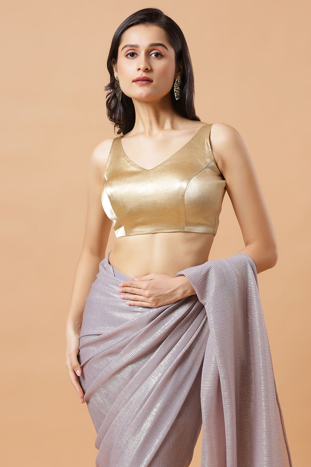 Roxi Lavender & Gold Shimmer Crushed Georgette Ready to Wear Saree