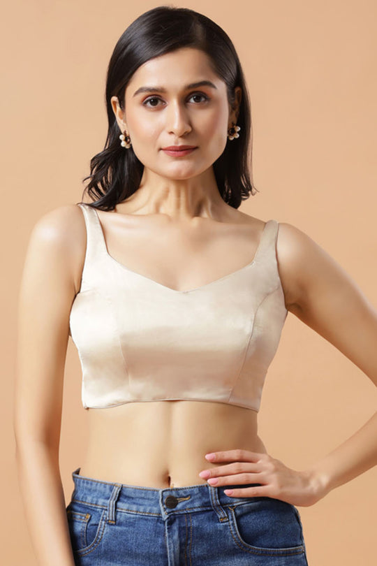 Tia Cream Satin Tie cream Sleeveless Saree Blouse