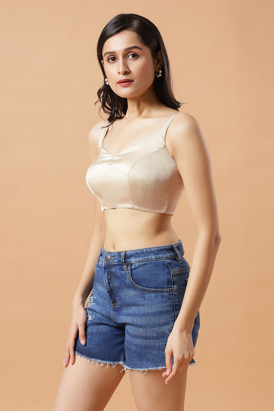 Tia Cream Satin Tie cream Sleeveless Saree Blouse