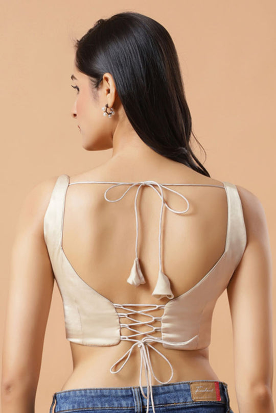 Tia Cream Satin Tie cream Sleeveless Saree Blouse
