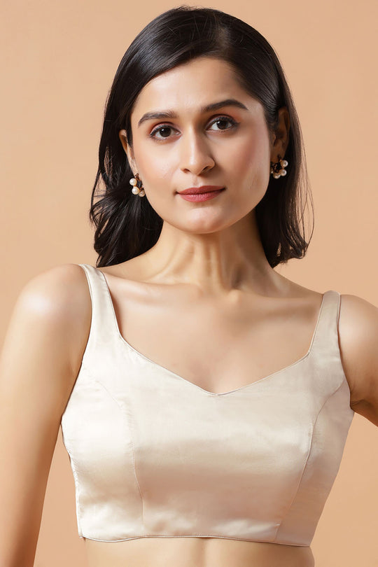 Tia Cream Satin Tie cream Sleeveless Saree Blouse