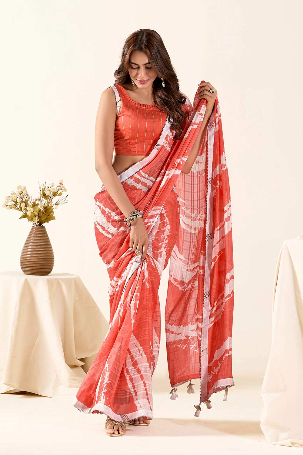 Angele Red Georgette Tie-Dye Print One Minute Saree