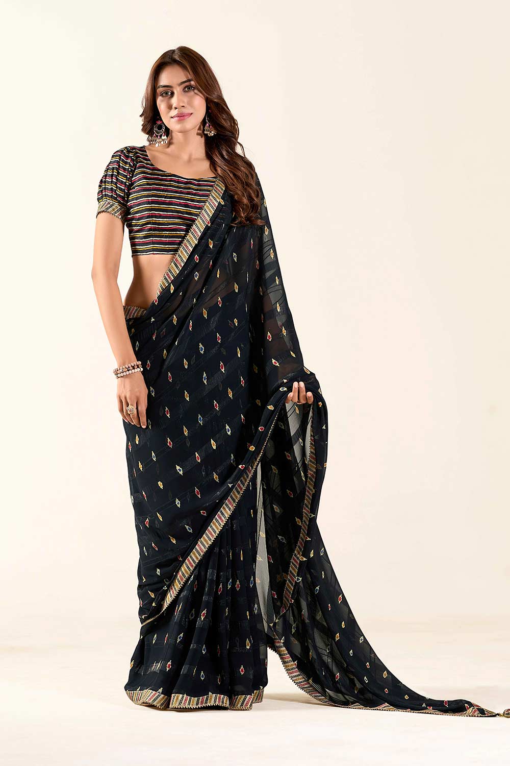 Giana Black Georgette Printed One Minute Saree