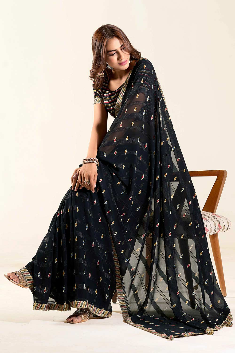 Giana Black Georgette Printed One Minute Saree