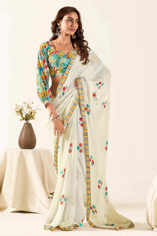 Nari Off White Georgette Printed One Minute Saree