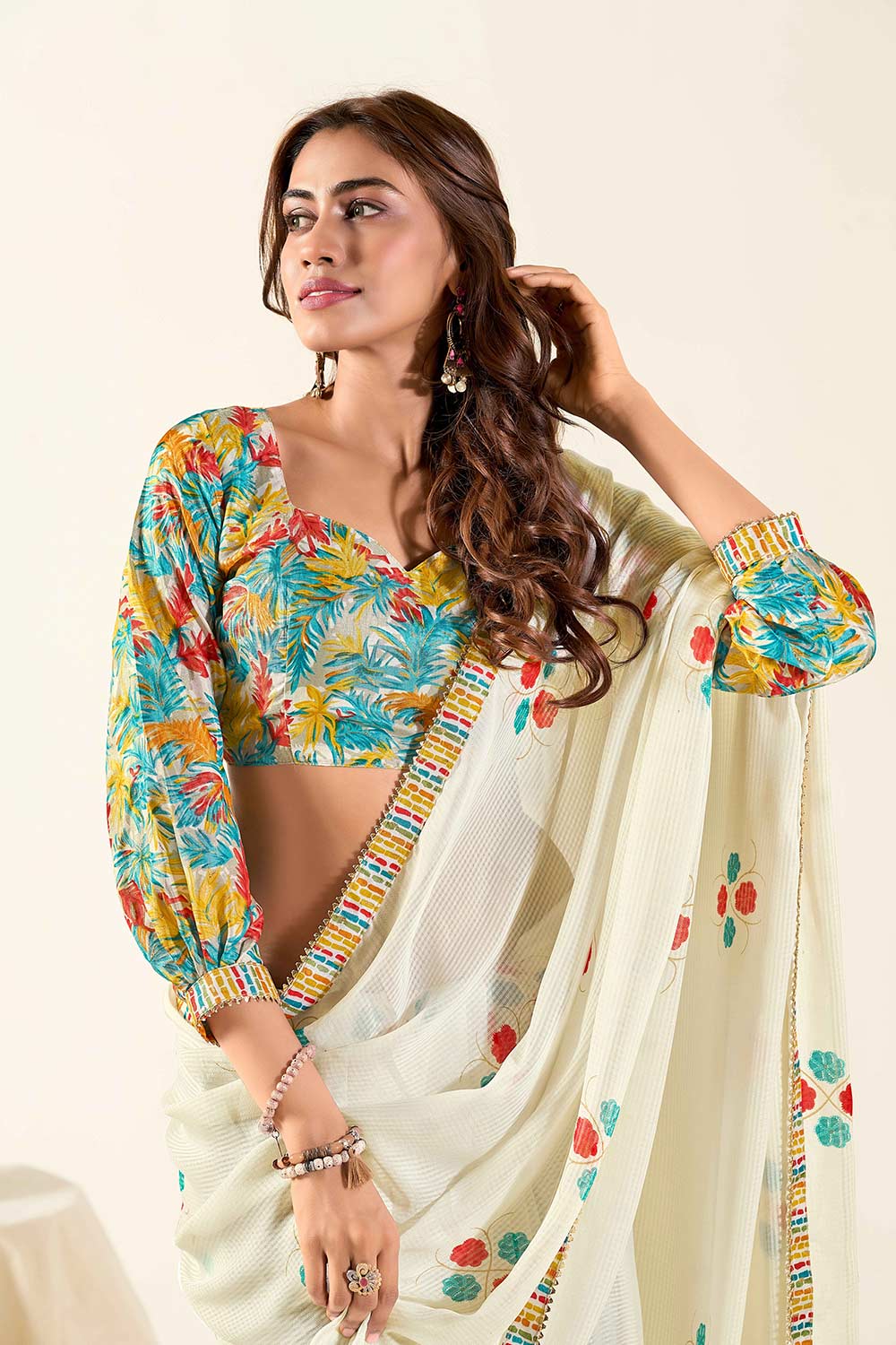 Nari Off White Georgette Printed One Minute Saree