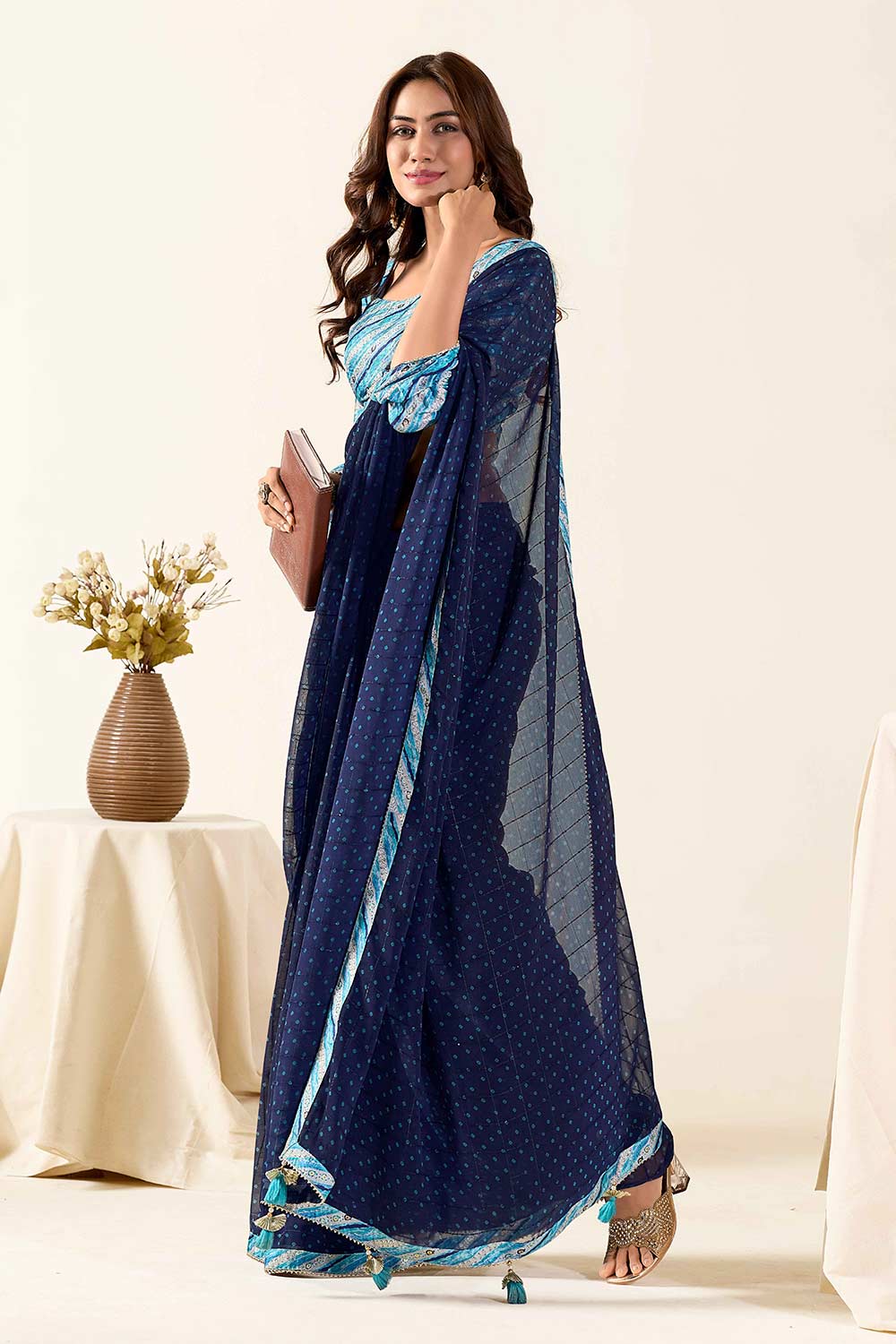 Dara Dark Blue Georgette Printed One Minute Saree