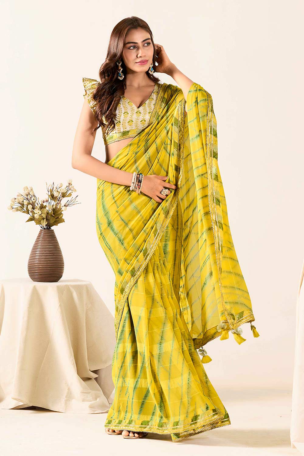 Tyra Yellow & Green Georgette Tie-Dye Print One Minute Saree