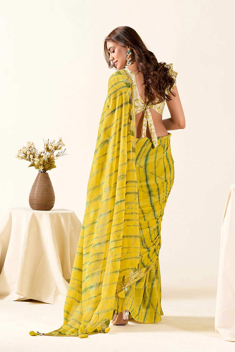 Tyra Yellow & Green Georgette Tie-Dye Print One Minute Saree