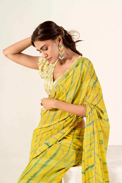 Tyra Yellow & Green Georgette Tie-Dye Print One Minute Saree